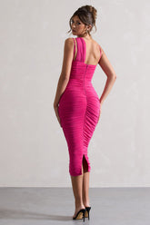 Dark Pink Asymmetric Ruched Midi Dress